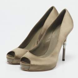 Gucci Grey Satin Horsebit Crystal Embellished Peep Toe Pumps Size 36