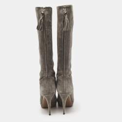 Gucci Grey Suede Bamboo Tassel Knee Length Platform Boots Size 39