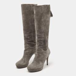 Gucci Grey Suede Bamboo Tassel Knee Length Platform Boots Size 39