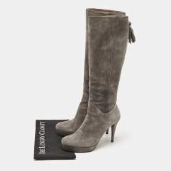 Gucci Grey Suede Bamboo Tassel Knee Length Platform Boots Size 39