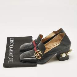 Gucci Black Leather GG Pearl Studded Loafer Pumps Size 37.5