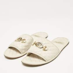 Gucci Cream Leather GG Logo Flat Slides Size 38