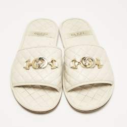 Gucci Cream Leather GG Logo Flat Slides Size 38