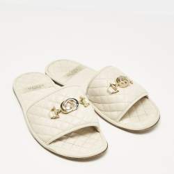 Gucci Cream Leather GG Logo Flat Slides Size 38