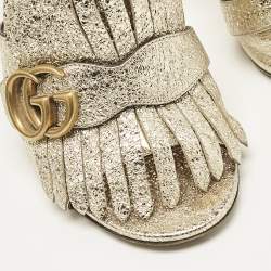 مملوكة مسبقًا Gucci Metallic Gold Leather Marmont GG Fringe Mule Sandals Size 36