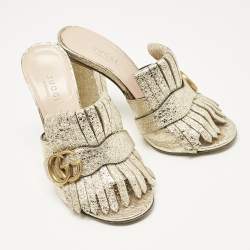 مملوكة مسبقًا Gucci Metallic Gold Leather Marmont GG Fringe Mule Sandals Size 36