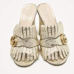 مملوكة مسبقًا Gucci Metallic Gold Leather Marmont GG Fringe Mule Sandals Size 36