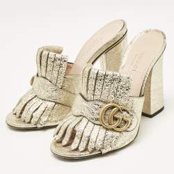 مملوكة مسبقًا Gucci Metallic Gold Leather Marmont GG Fringe Mule Sandals Size 36