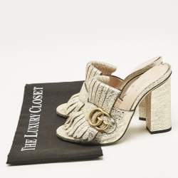 مملوكة مسبقًا Gucci Metallic Gold Leather Marmont GG Fringe Mule Sandals Size 36