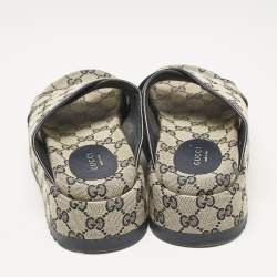 Pre Owned Gucci Beige/Navy Blue GG Canvas Criss Cross Platform Slides Size 36