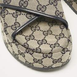 Pre Owned Gucci Beige/Navy Blue GG Canvas Criss Cross Platform Slides Size 36