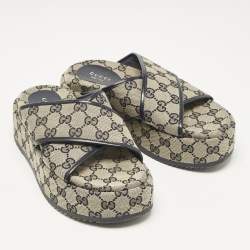 Pre Owned Gucci Beige/Navy Blue GG Canvas Criss Cross Platform Slides Size 36