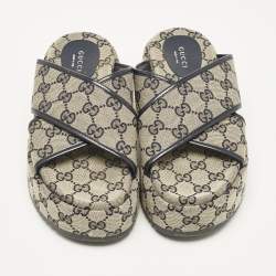 Pre Owned Gucci Beige/Navy Blue GG Canvas Criss Cross Platform Slides Size 36