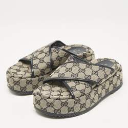 Pre Owned Gucci Beige/Navy Blue GG Canvas Criss Cross Platform Slides Size 36