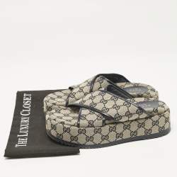 Pre Owned Gucci Beige/Navy Blue GG Canvas Criss Cross Platform Slides Size 36