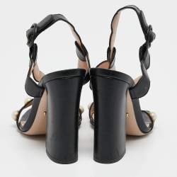Pre Owned Gucci Black Leather Faux Pearl Willow T-Strap Block Heel Sandals Size 37.5