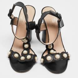 Pre Owned Gucci Black Leather Faux Pearl Willow T-Strap Block Heel Sandals Size 37.5