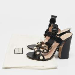 Pre Owned Gucci Black Leather Faux Pearl Willow T-Strap Block Heel Sandals Size 37.5