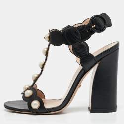 Gucci Black Leather Faux Pearl Willow T-Strap Block Heel Sandals Size 37.5