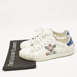 Pre Owned Gucci White/Blue Leather Tennis Embroidered Low Top Sneakers Size 37.5