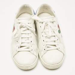 Pre Owned Gucci White/Blue Leather Tennis Embroidered Low Top Sneakers Size 37.5