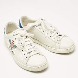 Pre Owned Gucci White/Blue Leather Tennis Embroidered Low Top Sneakers Size 37.5