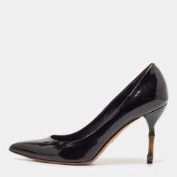 Gucci Black Patent Leather Kristen Pointed Toe Bamboo Heel Pumps Size 38.5