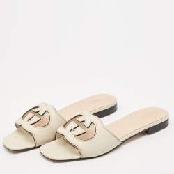 Gucci Cream Leather GG Cut Out Flat Slides Size 40