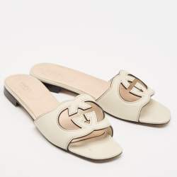Gucci Cream Leather GG Cut Out Flat Slides Size 40