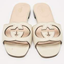 Gucci Cream Leather GG Cut Out Flat Slides Size 40