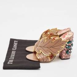 Gucci Beige Leather Leaves Crossover Embellished Heel Peep Toe Mules Size 37.5