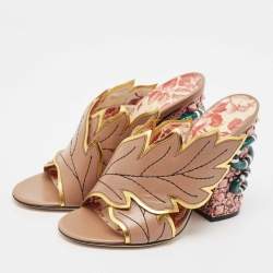 Gucci Beige Leather Leaves Crossover Embellished Heel Peep Toe Mules Size 37.5