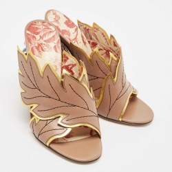 Gucci Beige Leather Leaves Crossover Embellished Heel Peep Toe Mules Size 37.5
