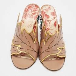Gucci Beige Leather Leaves Crossover Embellished Heel Peep Toe Mules Size 37.5
