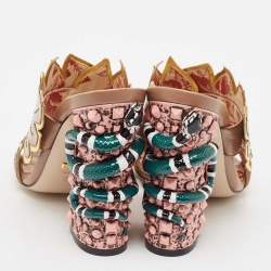Gucci Beige Leather Leaves Crossover Embellished Heel Peep Toe Mules Size 37.5