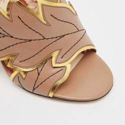 Gucci Beige Leather Leaves Crossover Embellished Heel Peep Toe Mules Size 37.5