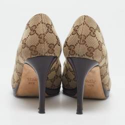 Gucci Beige/Brown GG Canvas Hollywood Horsebit Peep Toe Pumps Size 36.5