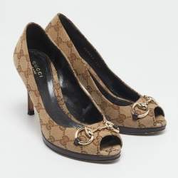 Gucci Beige/Brown GG Canvas Hollywood Horsebit Peep Toe Pumps Size 36.5