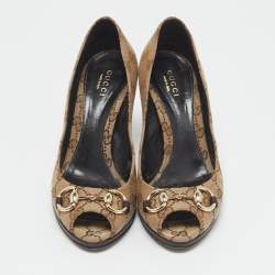 Gucci Beige/Brown GG Canvas Hollywood Horsebit Peep Toe Pumps Size 36.5