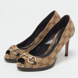 Gucci Beige/Brown GG Canvas Hollywood Horsebit Peep Toe Pumps Size 36.5
