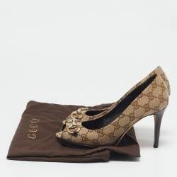 Gucci Beige/Brown GG Canvas Hollywood Horsebit Peep Toe Pumps Size 36.5