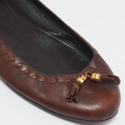 Pre Owned Gucci Brown Leather Logo Tassel Ballet Flats Size 41