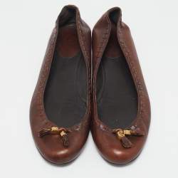 Pre Owned Gucci Brown Leather Logo Tassel Ballet Flats Size 41