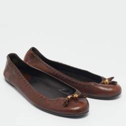 Pre Owned Gucci Brown Leather Logo Tassel Ballet Flats Size 41