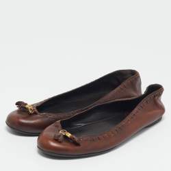 Pre Owned Gucci Brown Leather Logo Tassel Ballet Flats Size 41