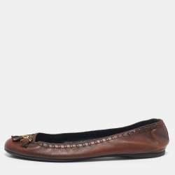 Pre Owned Gucci Brown Leather Logo Tassel Ballet Flats Size 41