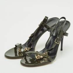 Gucci Dark Green Patent Leather Metal T-Strap Sandals Size 40