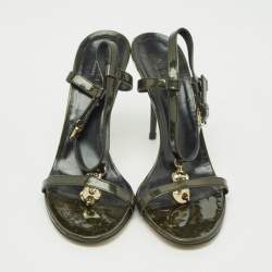 Gucci Dark Green Patent Leather Metal T-Strap Sandals Size 40