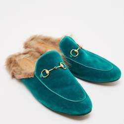 Gucci Blue Velvet and Fur Horsebit Princetown Flat Mules Size 40