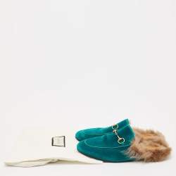 Gucci Blue Velvet and Fur Horsebit Princetown Flat Mules Size 40